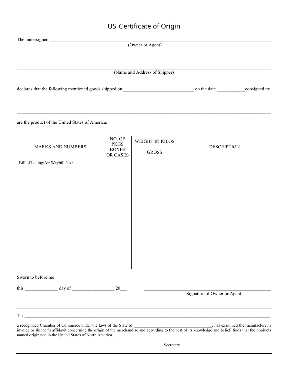 US Certificate of Origin Form - Ups, Page 1