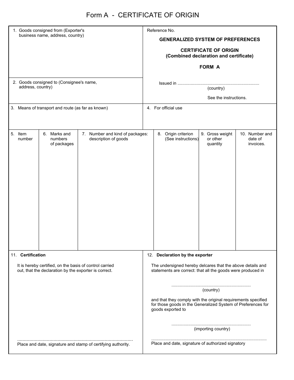 Form A Generalized System of Preferences - Certificate of Origin (Combined Declaration and Certificate) - United Nations Conference on Trade and Development, Page 1