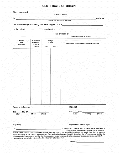 Certificate of Origin Form