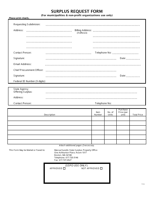 Surplus Request Form - Massachusetts Download Pdf