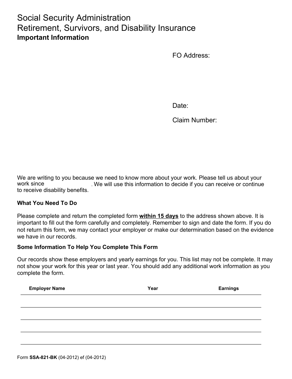 Form SSA-821-bk Work Activity Report - Employee, Page 1