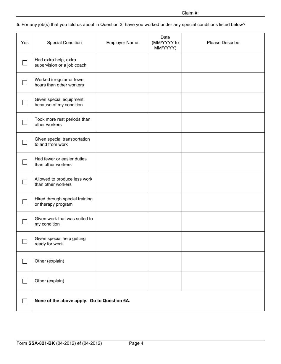Form SSA-821-bk Work Activity Report - Employee, Page 6
