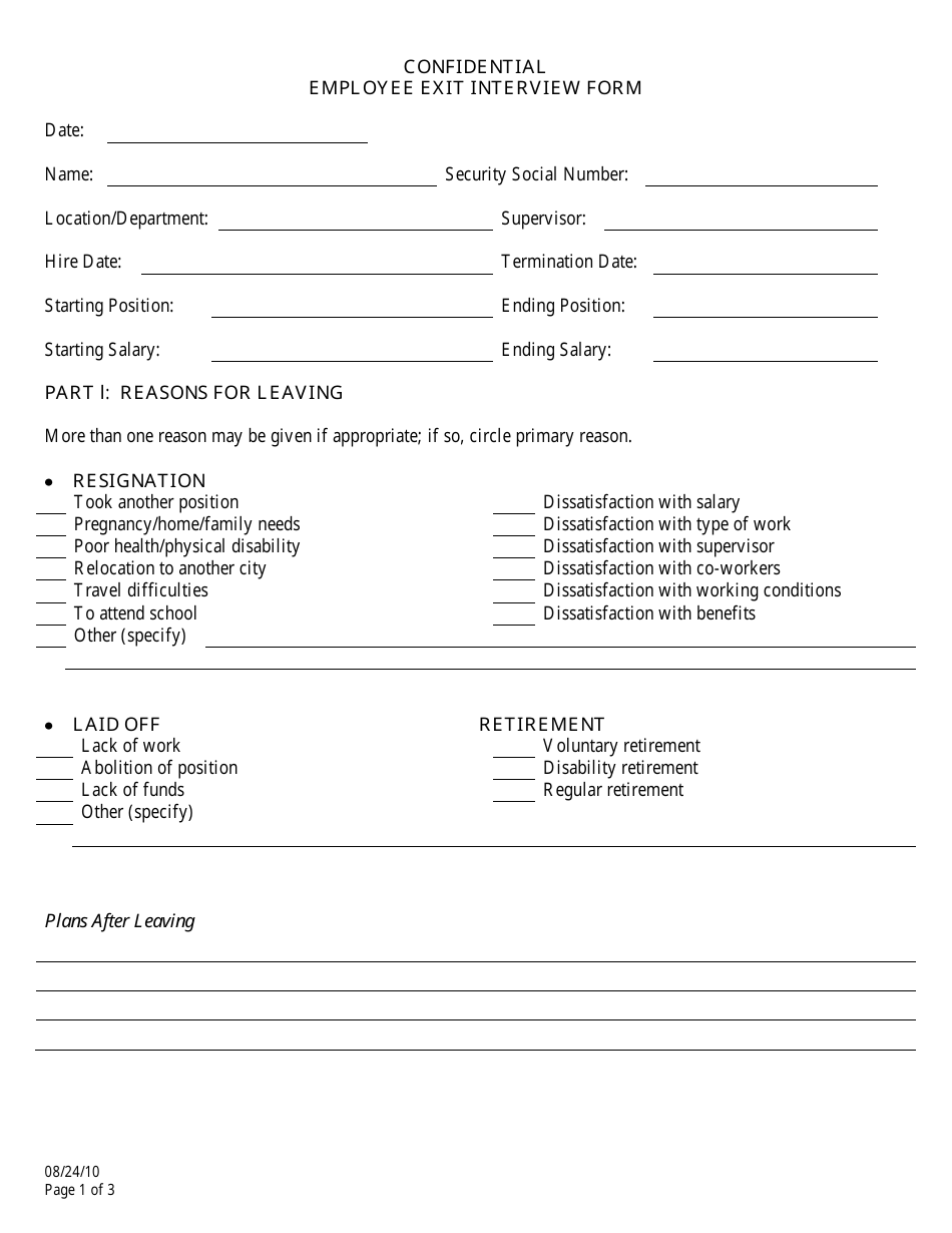 Employee Exit Interview Form - Different Points, Page 1