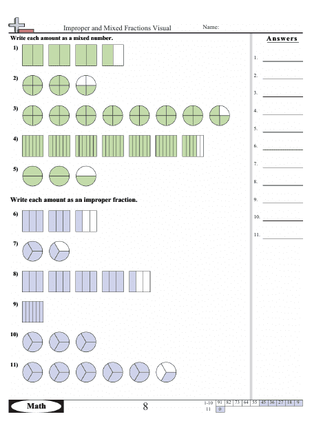 Visual worksheet with answers for improper and mixed fractions