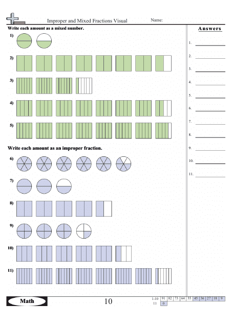Visual worksheet showcasing improper and mixed fractions with answers