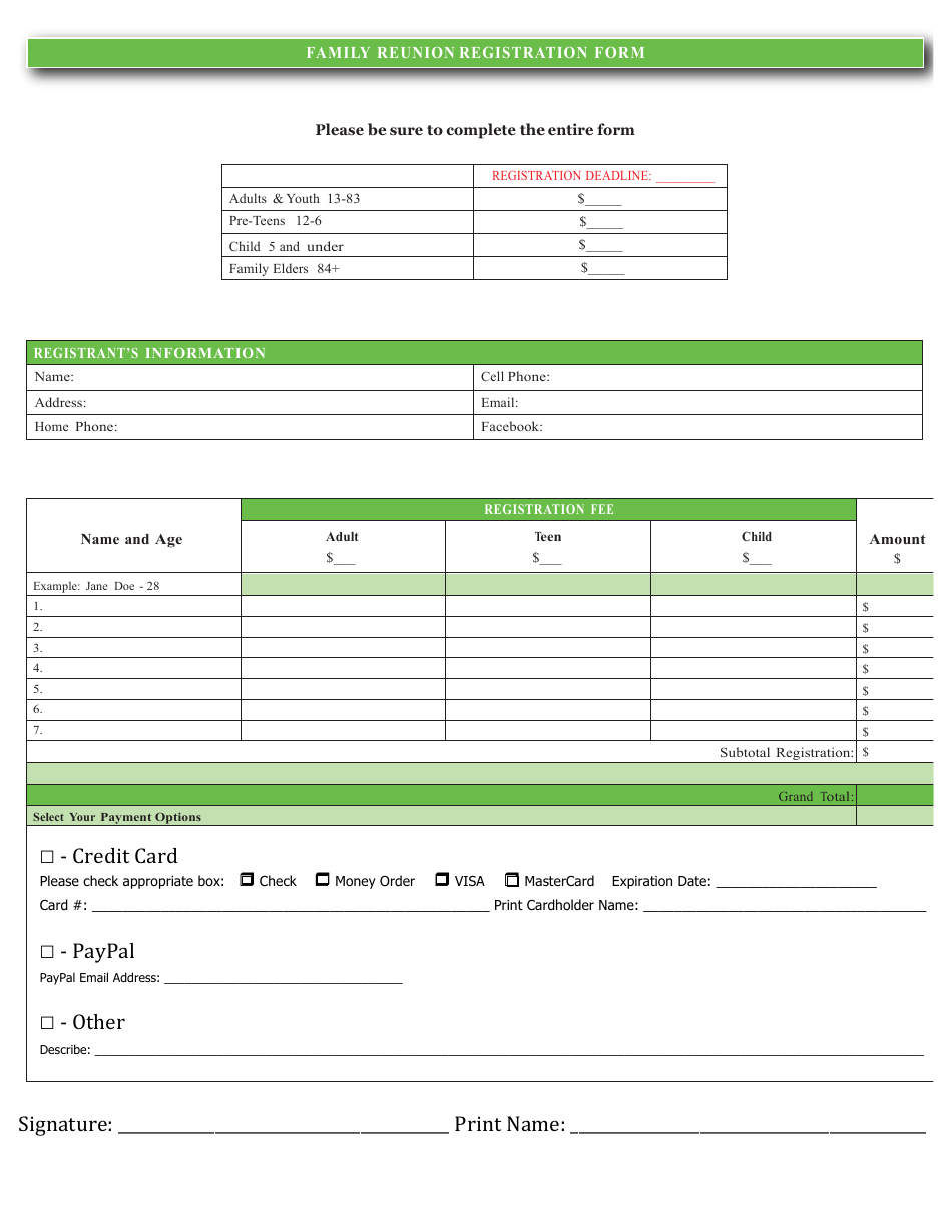 Family Reunion Registration Form, Page 1