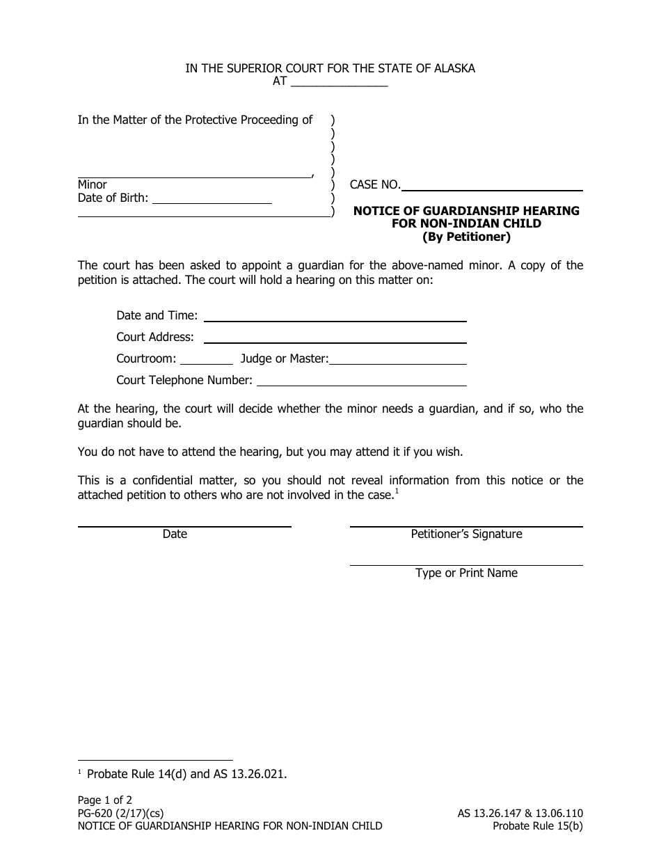 Form PG-620 Notice of Guardianship Hearing for Non-indian Child (By Petitioner) - Alaska, Page 1