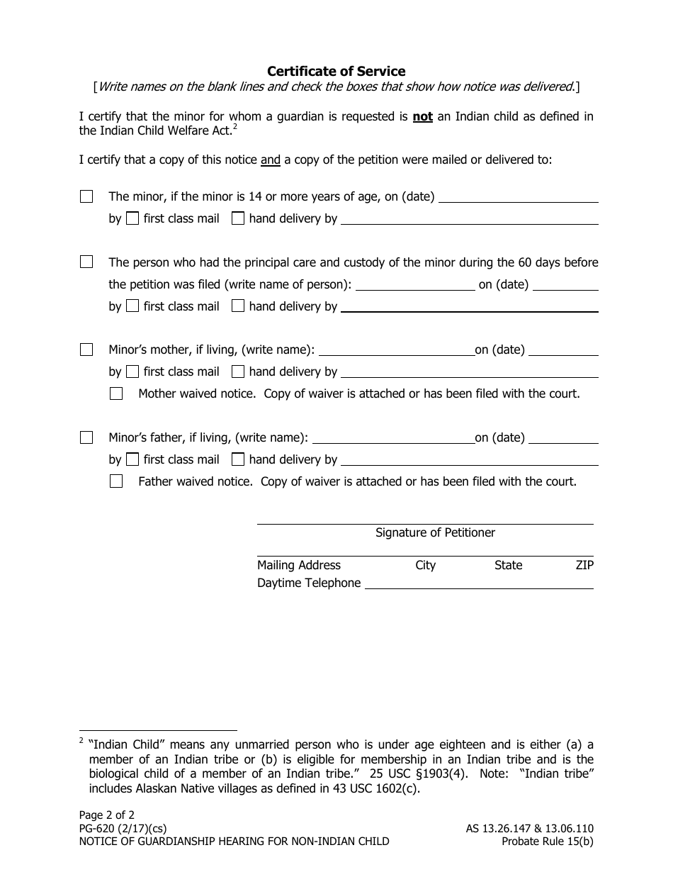 Form PG-620 Notice of Guardianship Hearing for Non-indian Child (By Petitioner) - Alaska, Page 2