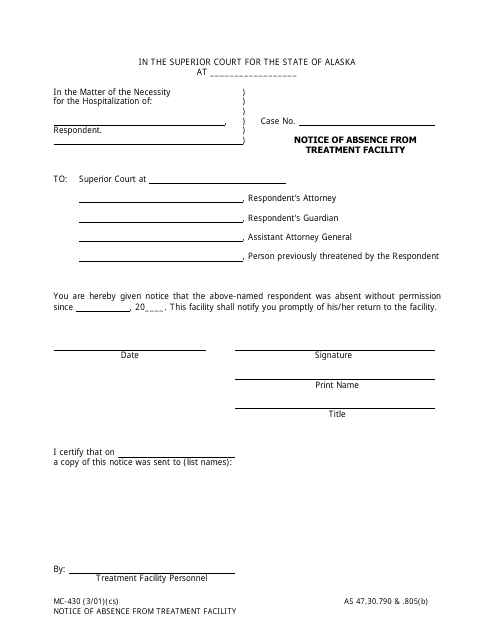 Form MC-430 Notice of Absence From Treatment Facility - Alaska