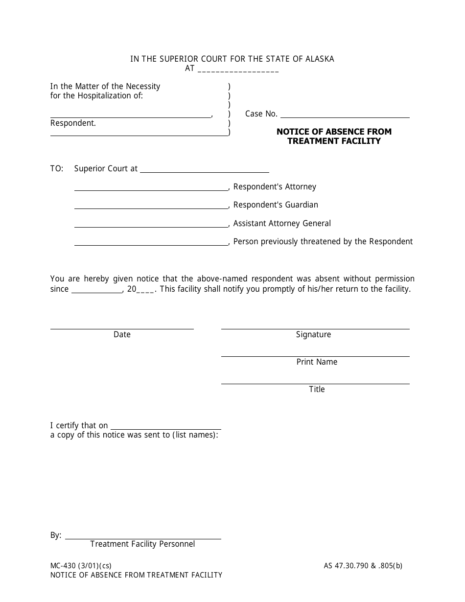 Form MC-430 Notice of Absence From Treatment Facility - Alaska, Page 1