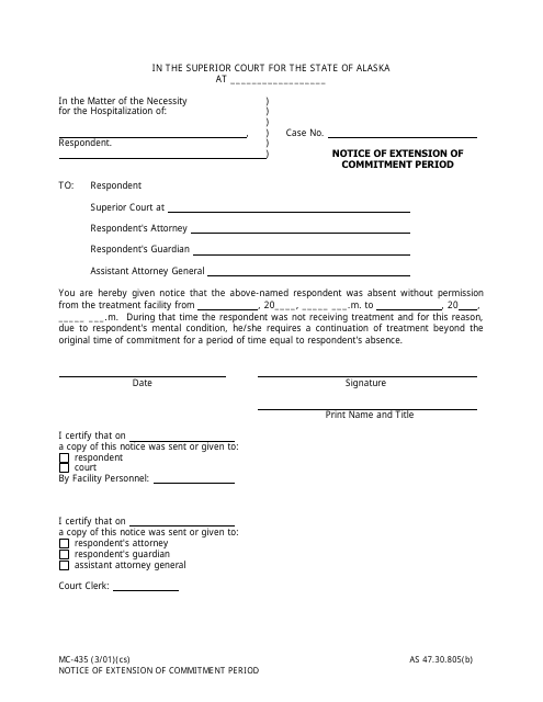 Form MC-435 Notice of Extension of Commitment Period - Alaska