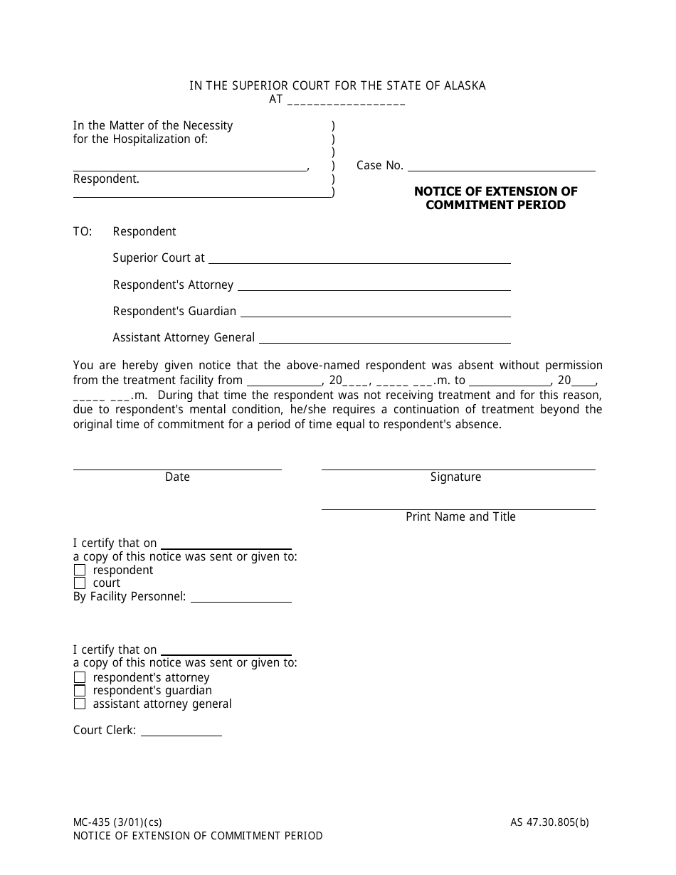 Form MC-435 Notice of Extension of Commitment Period - Alaska, Page 1