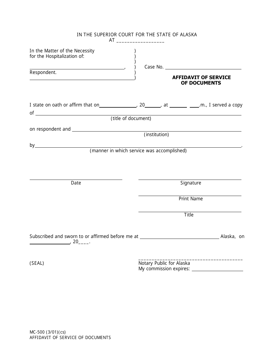 Form MC-500 Affidavit of Service of Documents - Alaska, Page 1