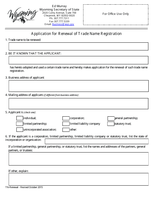 Application for Renewal of Trade Name Registration - Wyoming Download Pdf