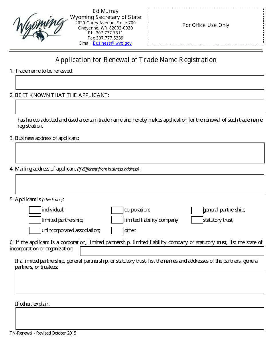 Application for Renewal of Trade Name Registration - Wyoming, Page 1
