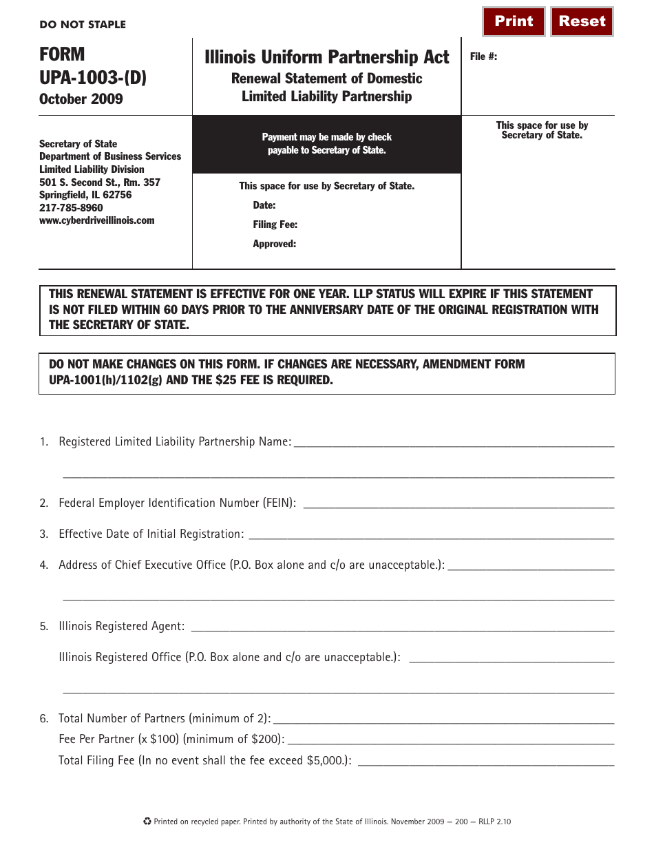 Form UPA-1003-(D) Renewal Statement of Domestic Limited Liability Partnership - Illinois, Page 1