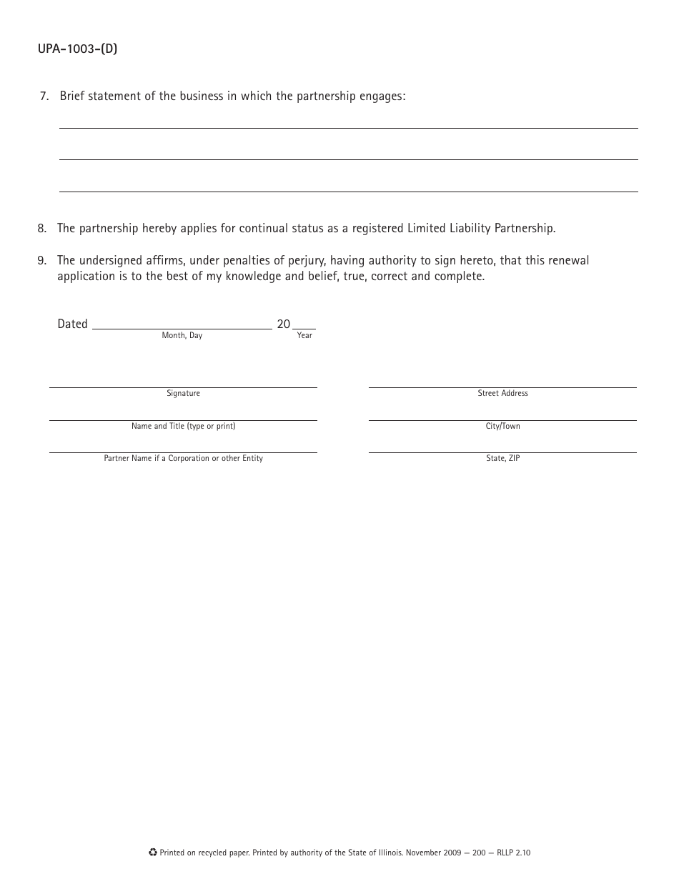 Form UPA-1003-(D) Renewal Statement of Domestic Limited Liability Partnership - Illinois, Page 2
