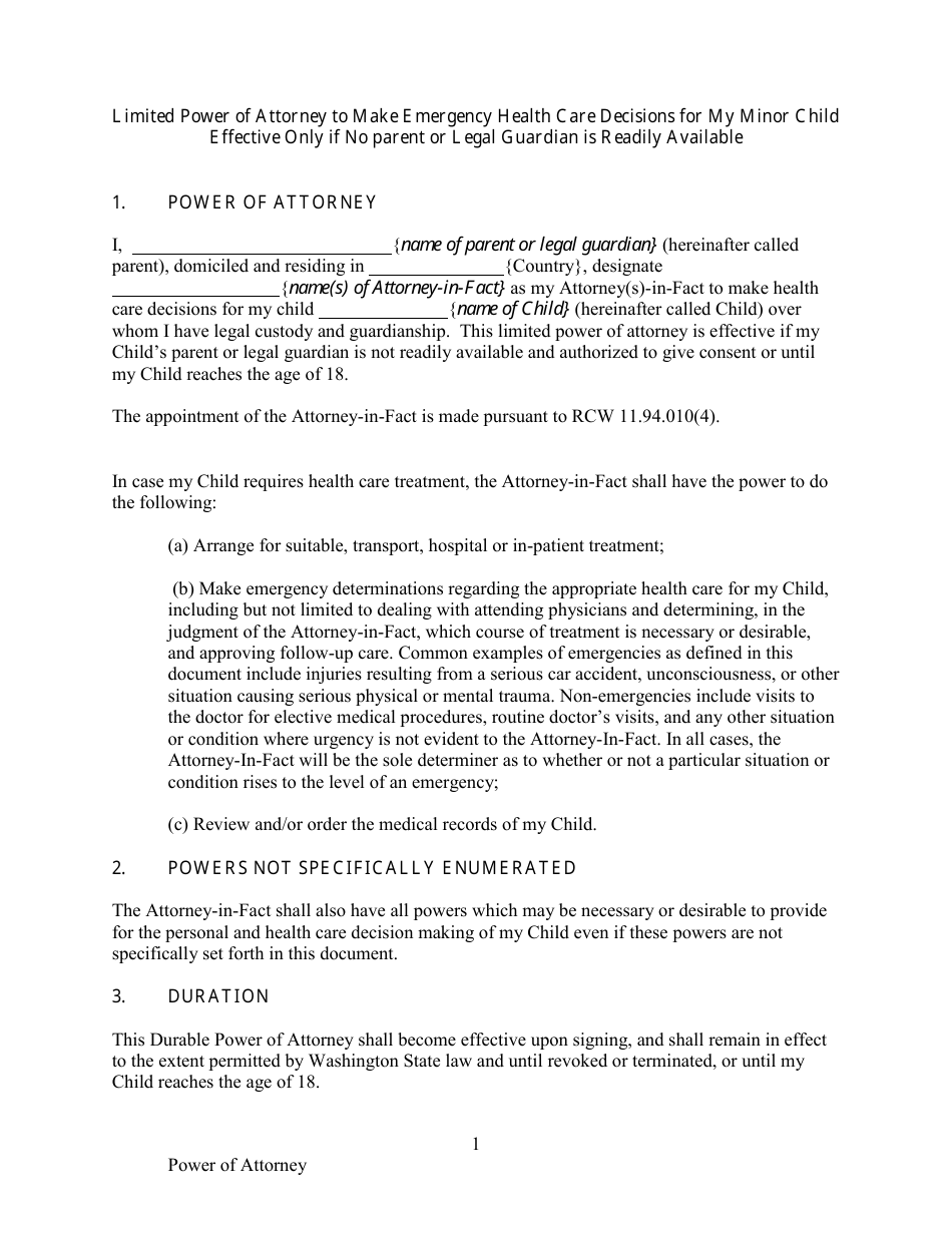 Limited Power of Attorney to Make Emergency Health Care Decisions for My Minor Child - Washington, Page 1