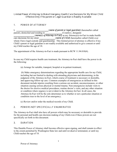 limited power of attorney to make emergency health care decisions power of attorney for medical care of a child