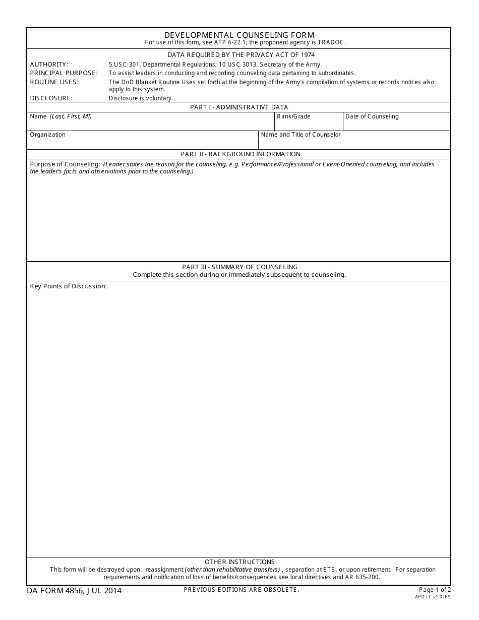 DA Form 4856 Developmental Counseling Form, Page 1