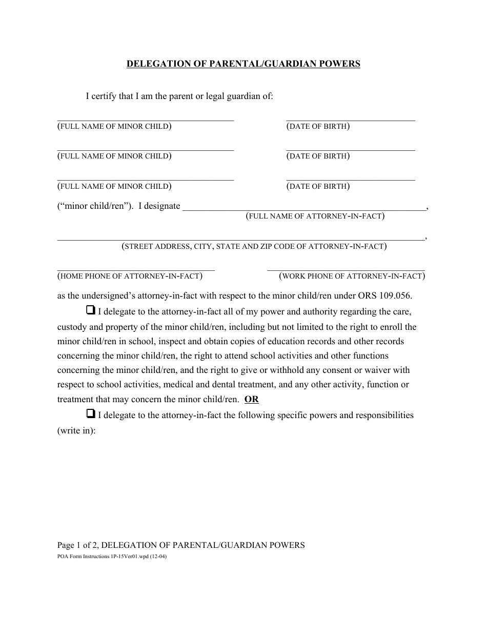 Oregon Delegation of Parental Form/Guardian Powers - Fill Out, Sign ...