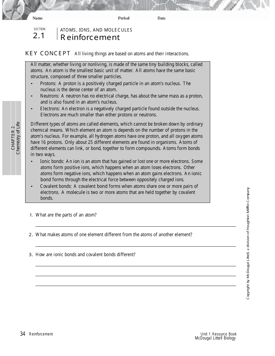 Atoms, Ions, and Molecules Study Guide - Section 2.1, Chemistry of Life ...