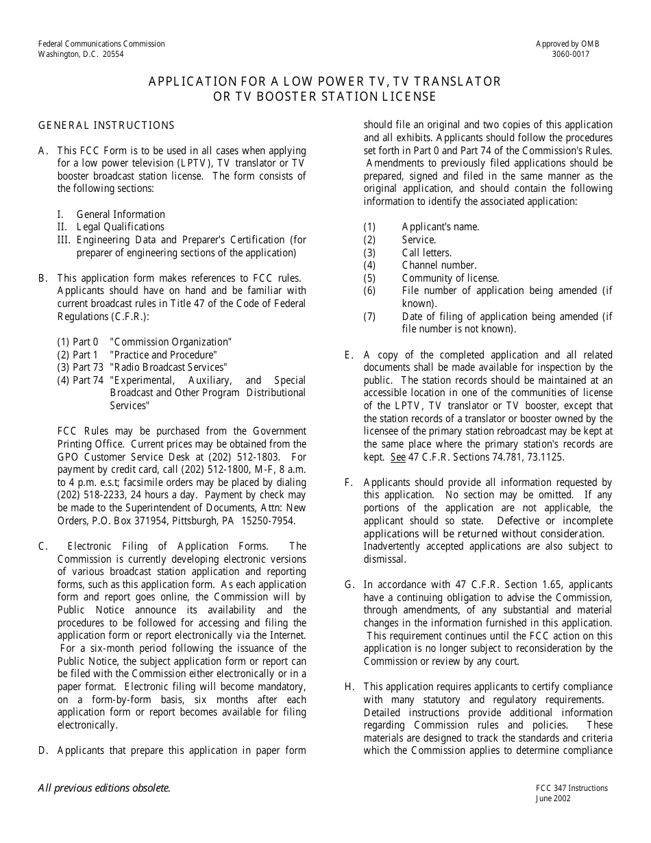 FCC Form 347 Application for a Low Power Tv, Tv Translator or Tv Booster Station License, Page 1