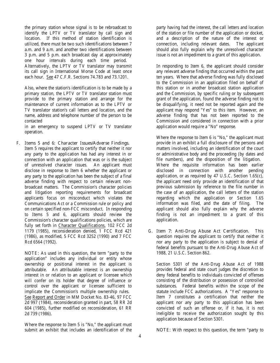 FCC Form 347 Application for a Low Power Tv, Tv Translator or Tv Booster Station License, Page 4