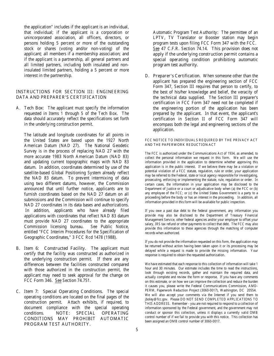 FCC Form 347 Application for a Low Power Tv, Tv Translator or Tv Booster Station License, Page 5
