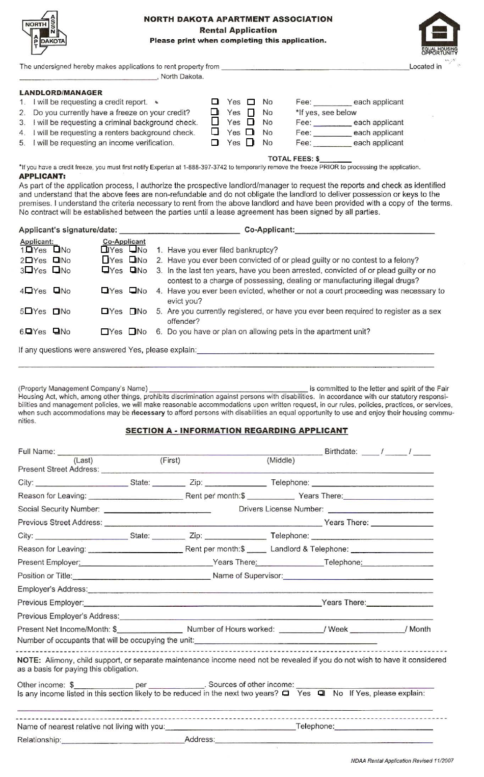 Rental Application Form - North Dakota Apartment Association - North Dakota, Page 1