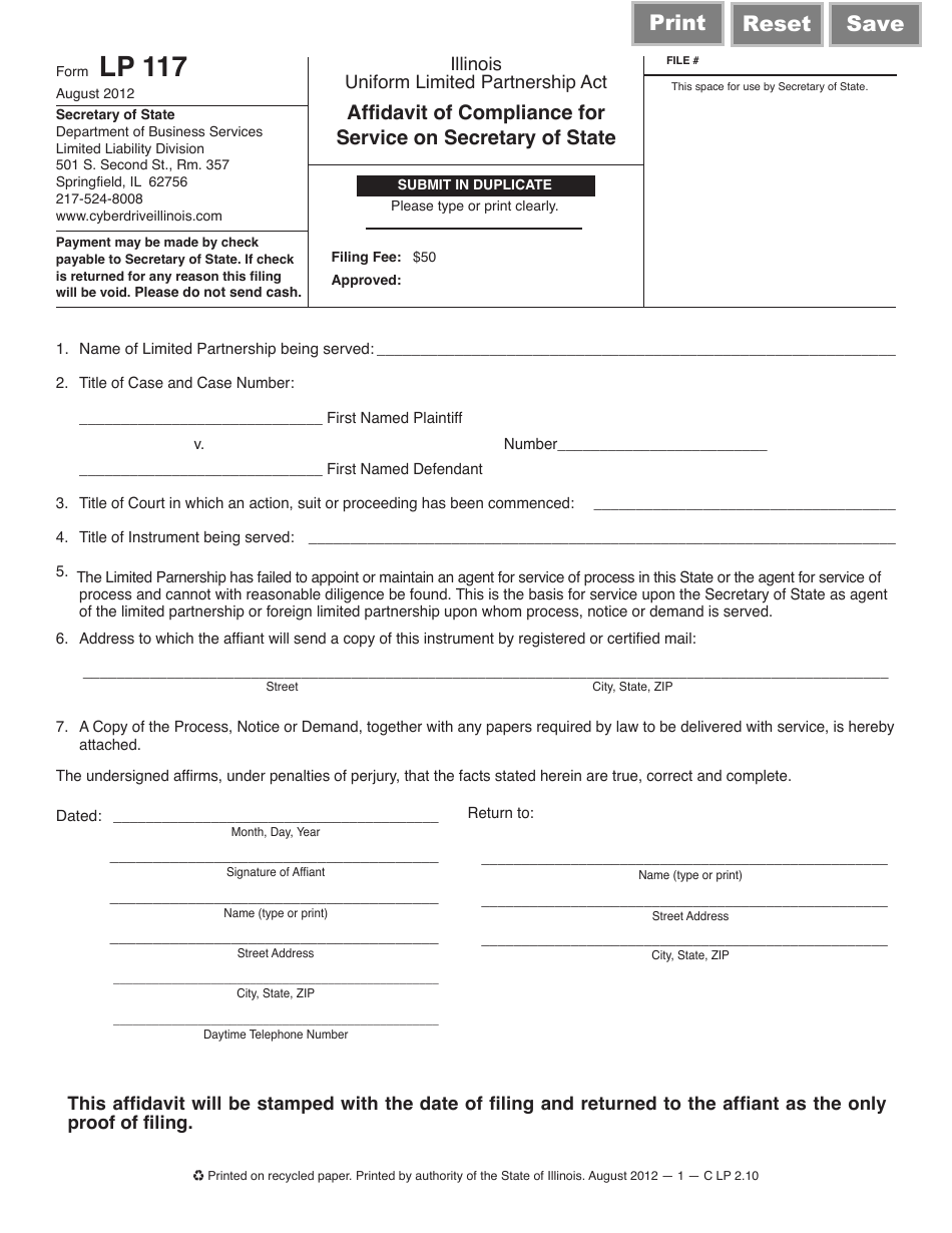 Form LP117 Affidavit of Compliance for Service on Secretary of State - Illinois, Page 1