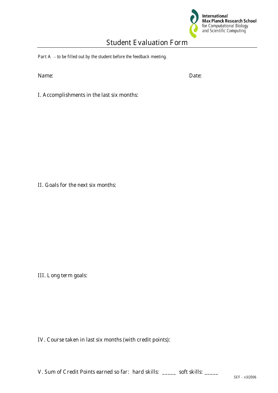 Student Evaluation Form - International Max Planck Research School, Page 1