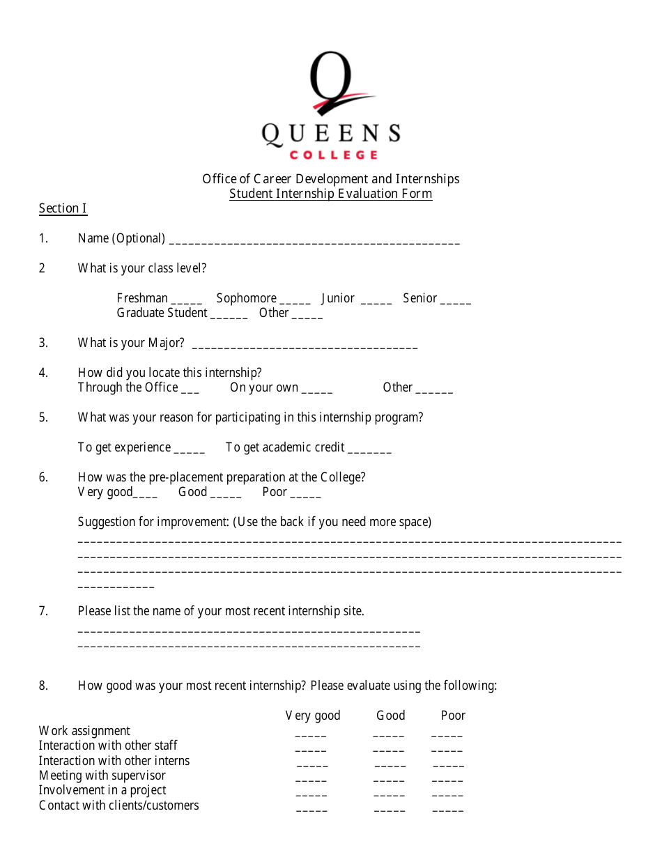 Student Internship Evaluation Form - Queens College, Page 1