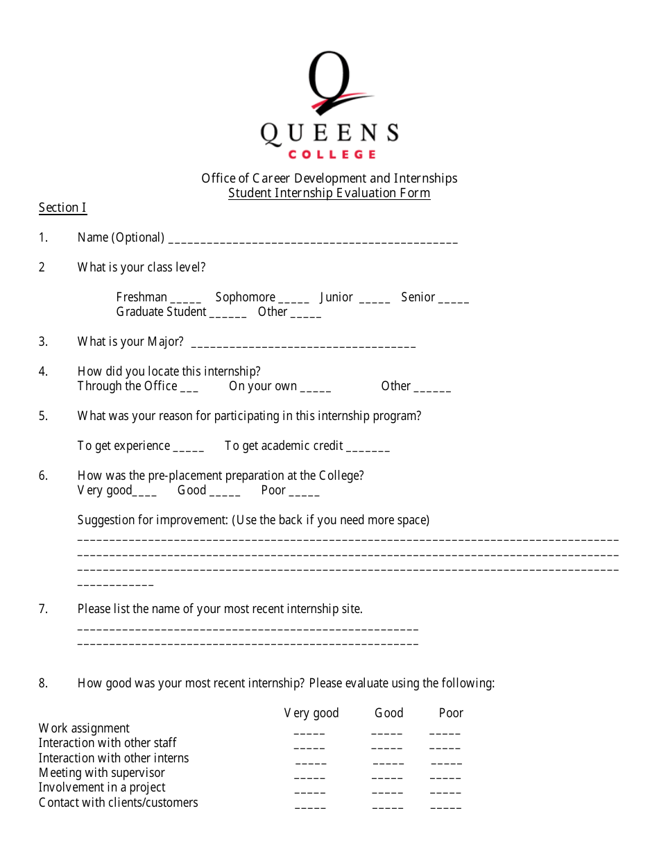 Student Internship Evaluation Form - Queens College - Fill Out, Sign ...