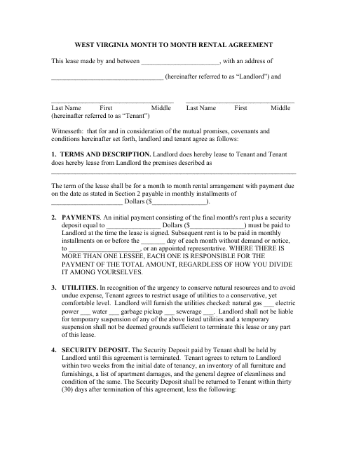 &quot;Month to Month Rental Agreement Template&quot; - West Virginia Download Pdf