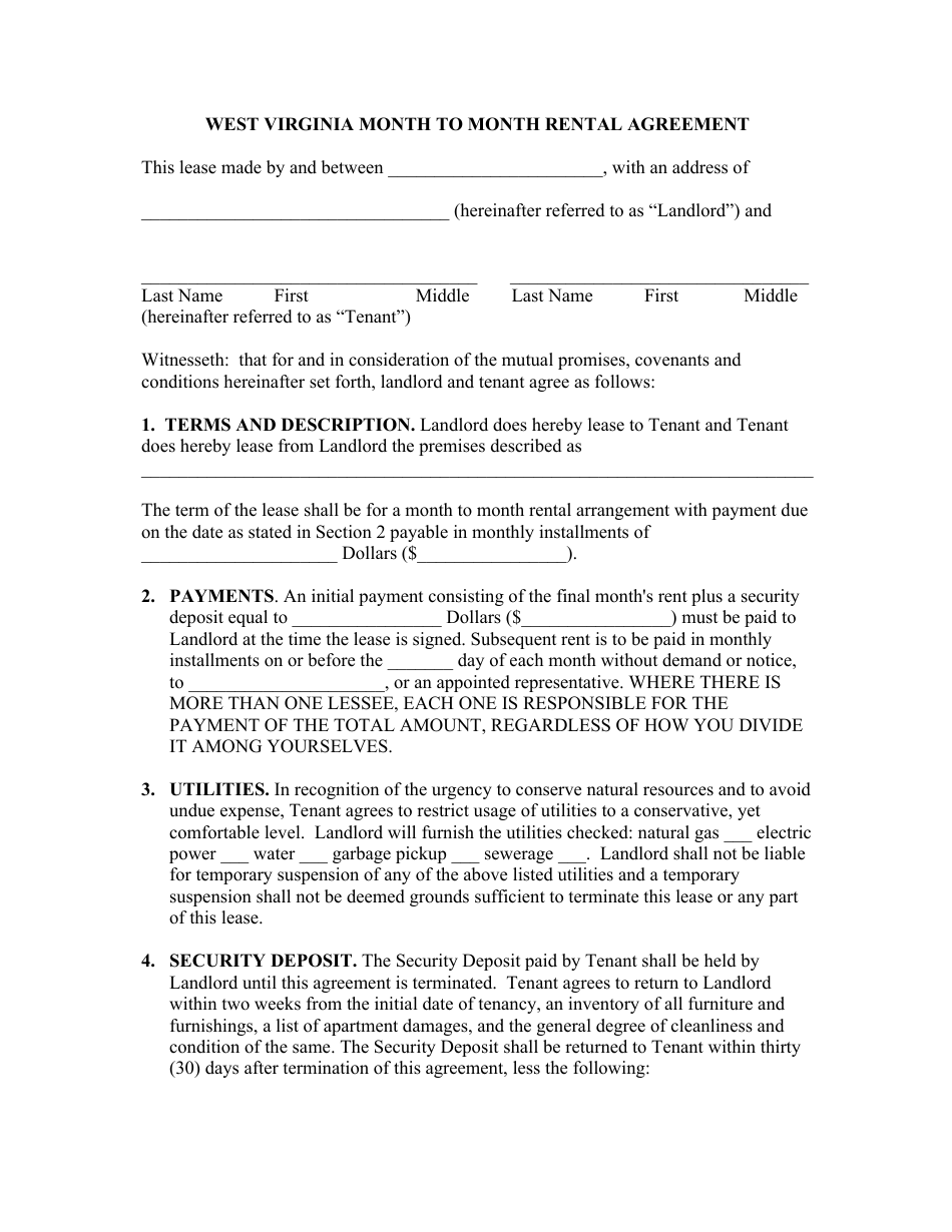 West Virginia Month to Month Rental Agreement Template Download Fillable  PDF | Templateroller