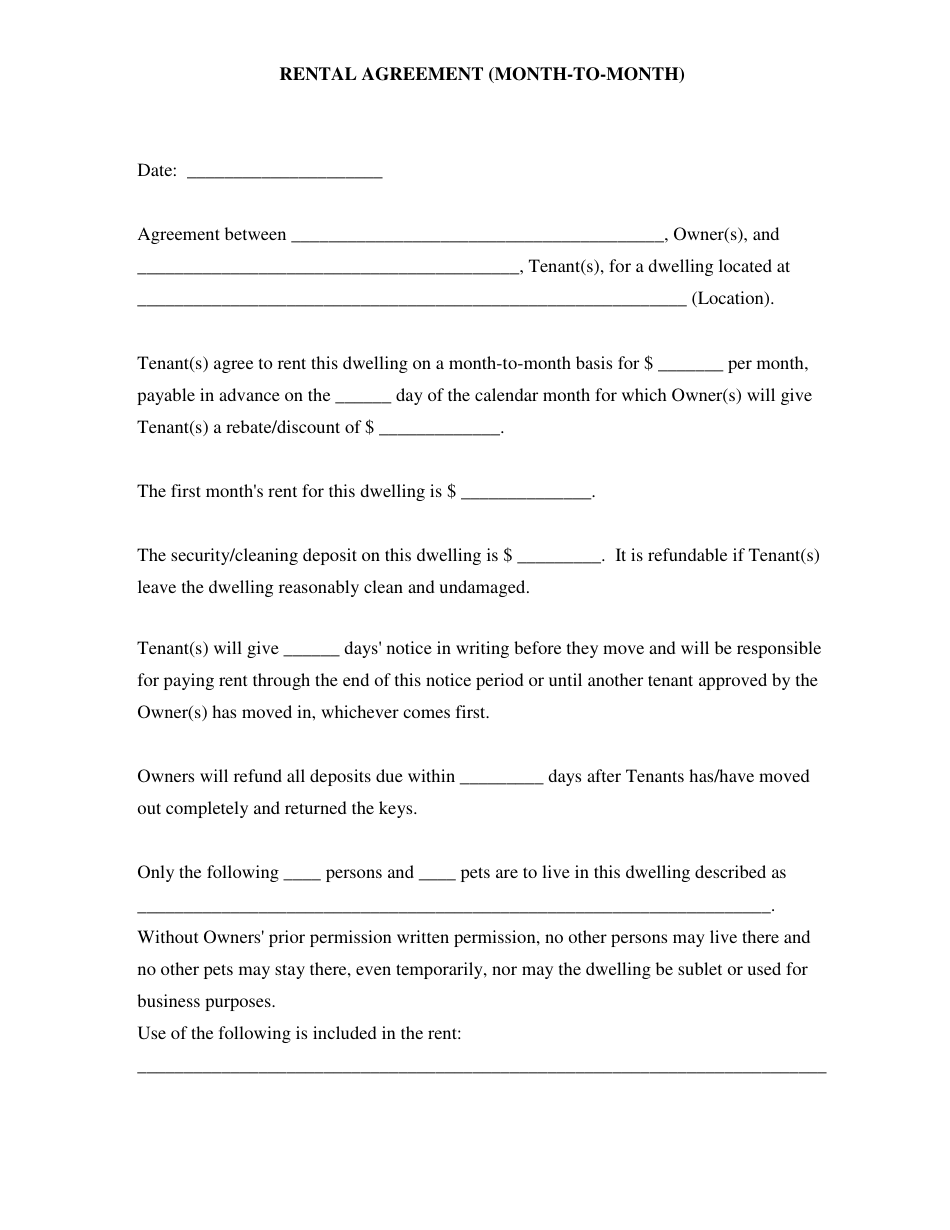 month to month rental agreement template download fillable pdf