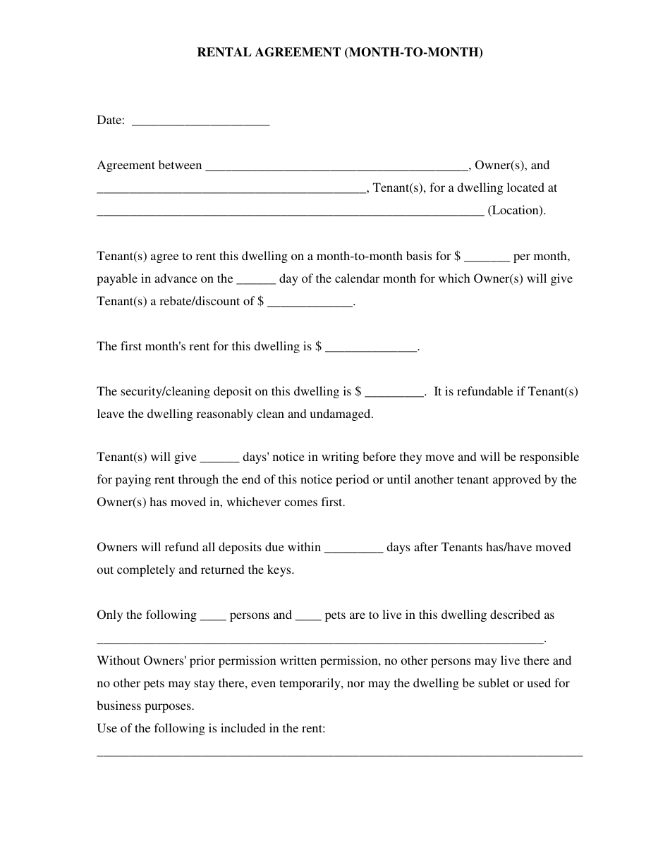Month-To-Month Rental Agreement Template - Eleven Points, Page 1
