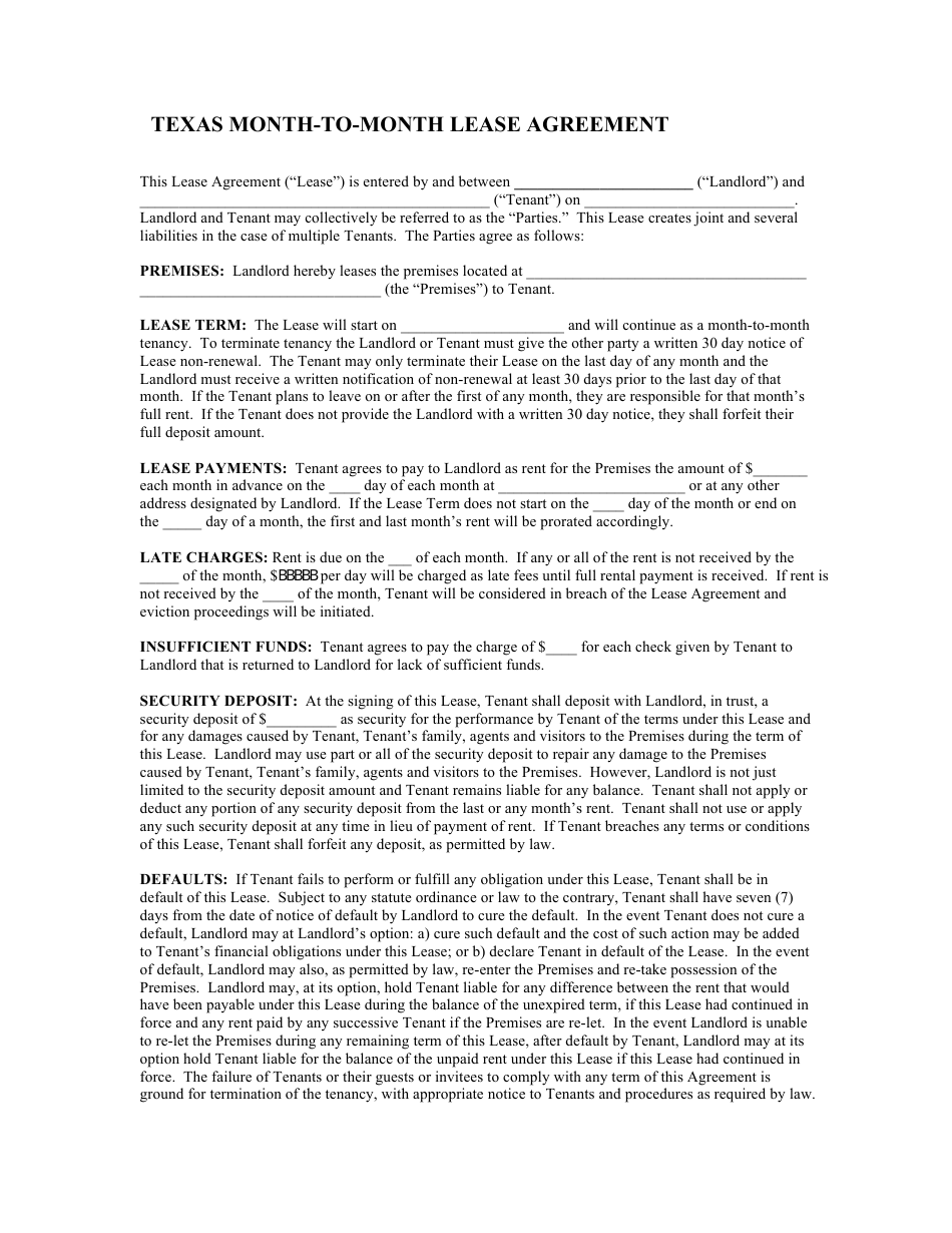Month-To-Month Lease Agreement Template - Texas, Page 1
