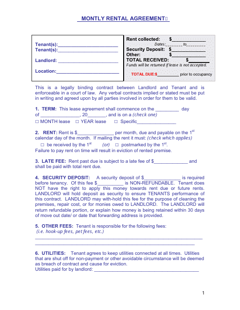 Monthly Rental Agreement Template