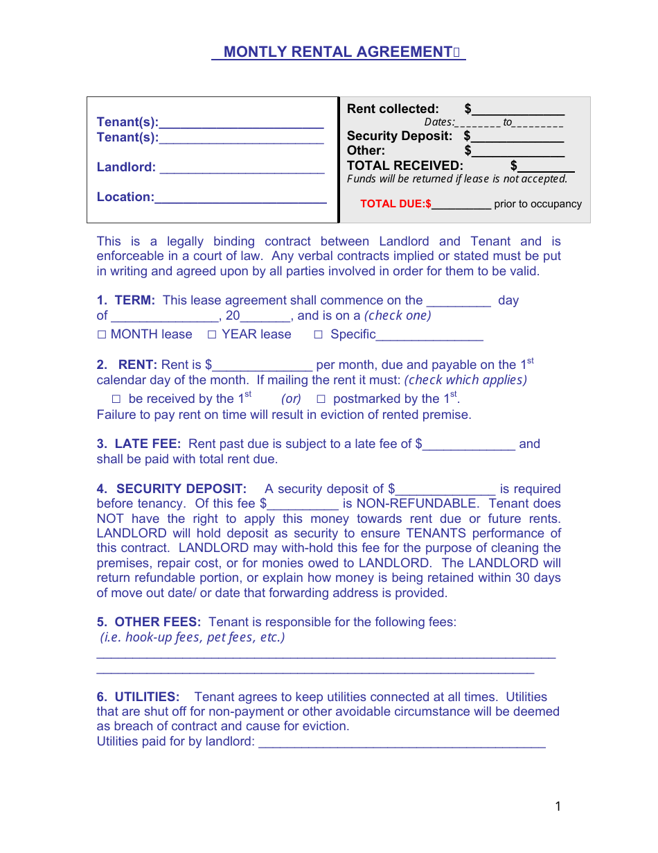 monthly rental agreement template download fillable pdf