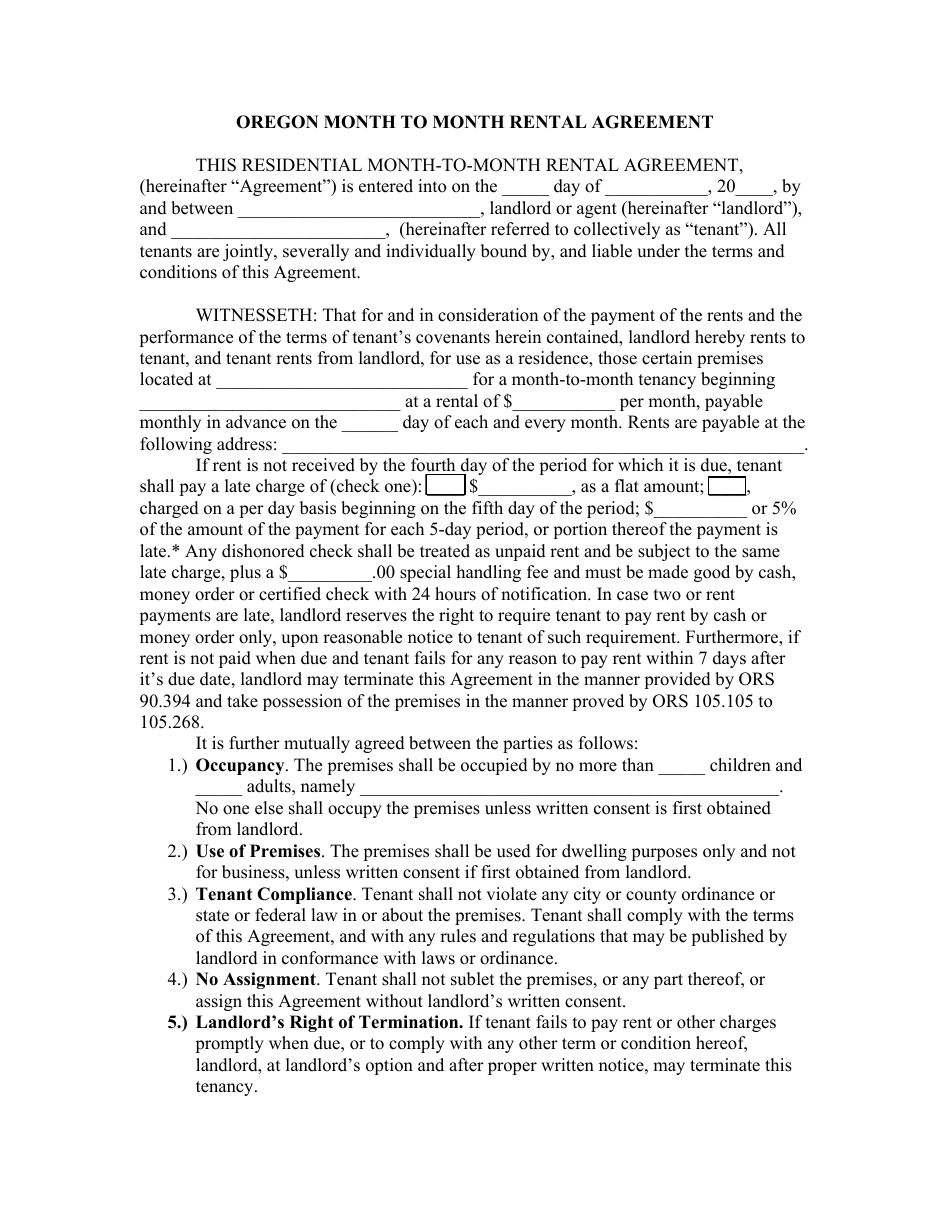 Month to Month Rental Agreement Template - Oregon, Page 1