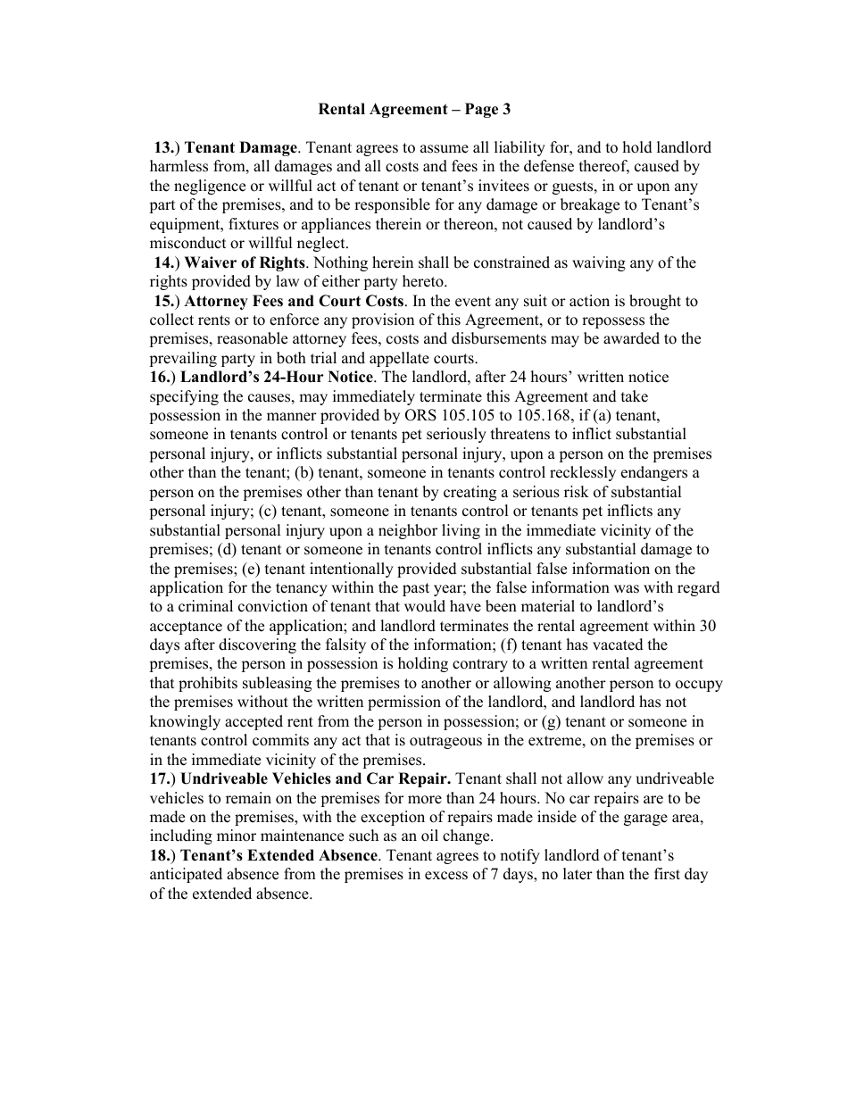 Month to Month Rental Agreement Template - Oregon, Page 3