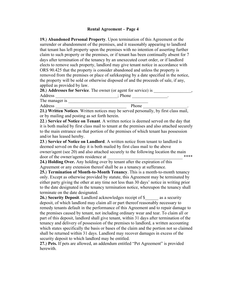 Month to Month Rental Agreement Template - Oregon, Page 4