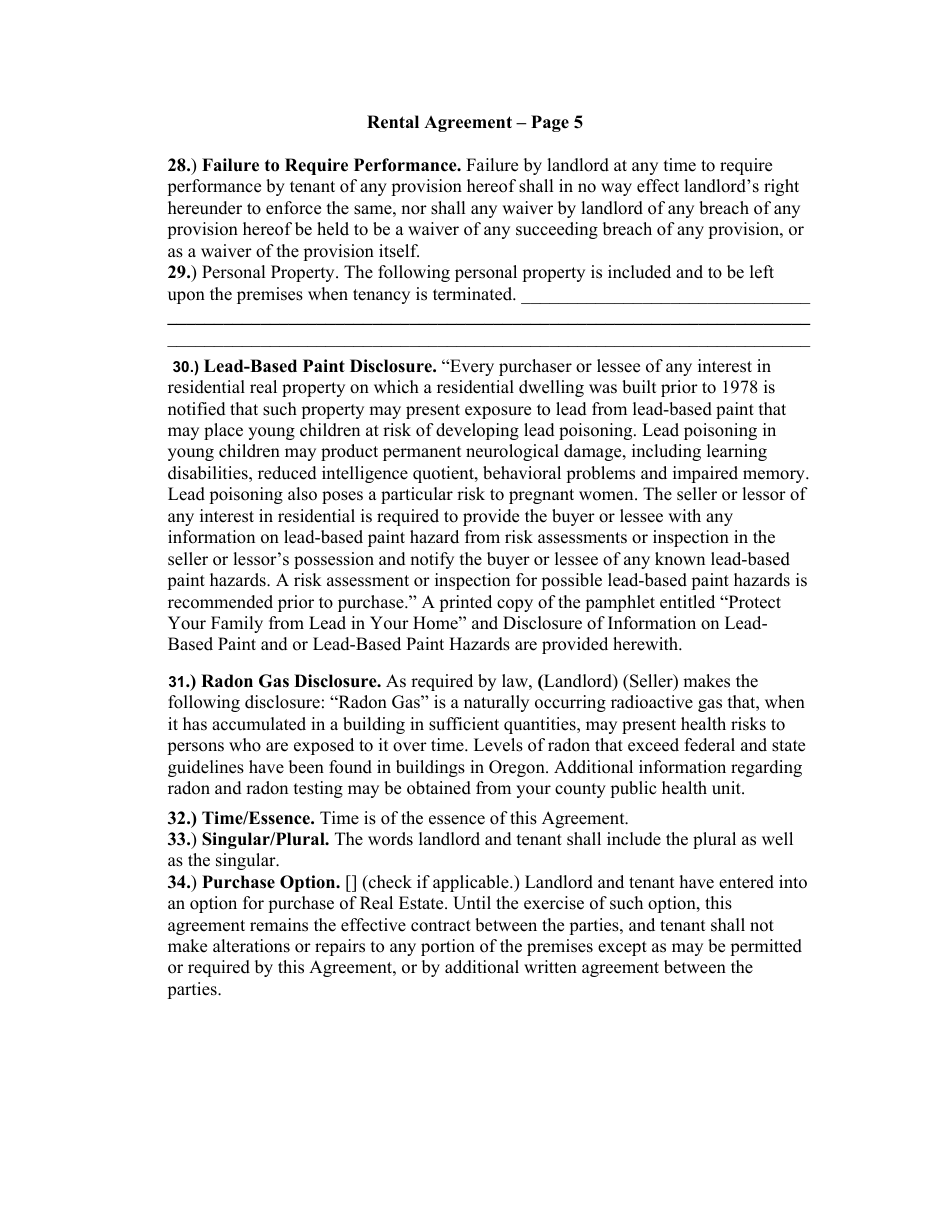 Month to Month Rental Agreement Template - Oregon, Page 5