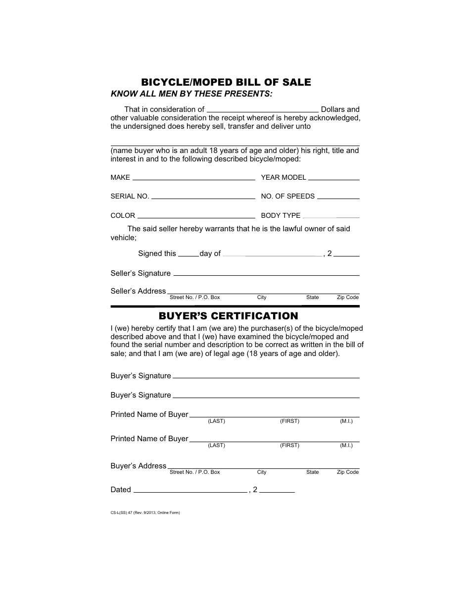 Form CS-L(SS)47 Bicycle / Moped Bill of Sale - Hawaii, Page 1