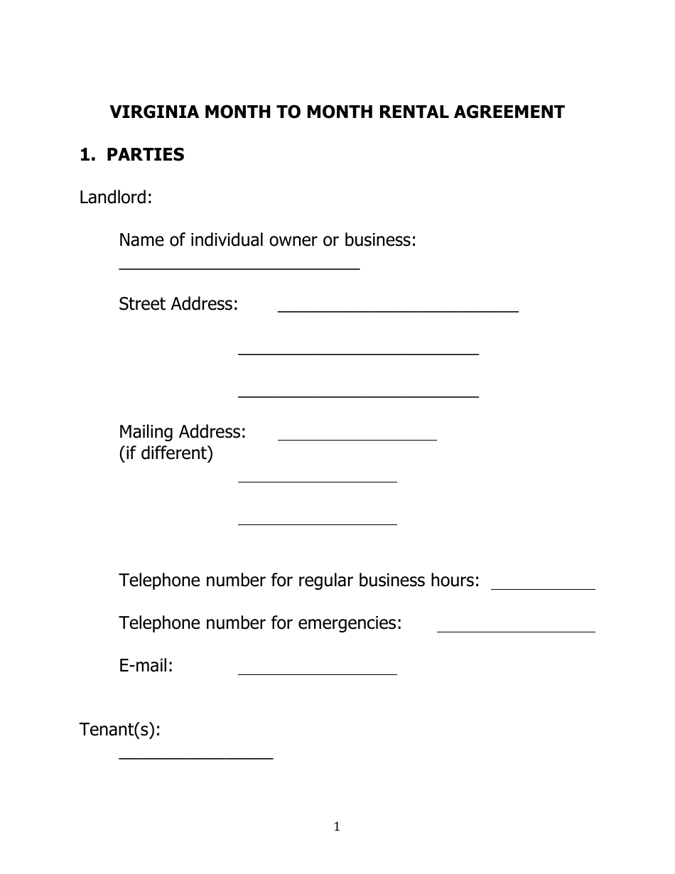 Month to Month Rental Agreement Template - Thirty Two Points - Virginia, Page 1