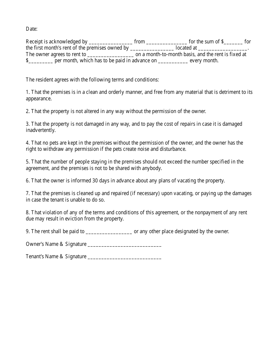 month to month rental agreement template download printable pdf