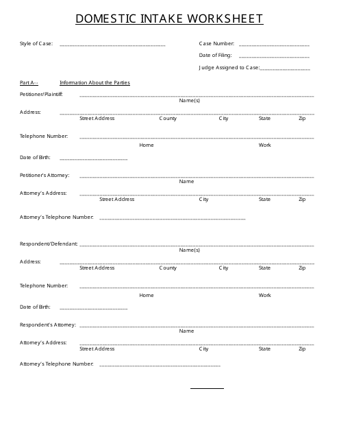 Domestic Intake Worksheet Template Preview
