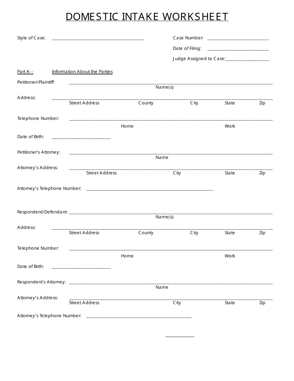 Domestic Intake Worksheet Template Preview